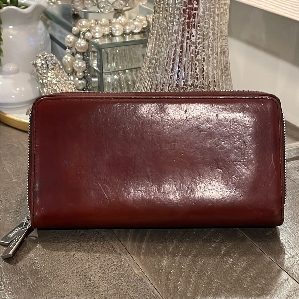 Brown HOBO Leather Dual Zip Around Wallet